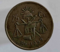 25 сентаво 1952г.Мексика.Весы, серебро, состояние ХF+ - Мир монет
