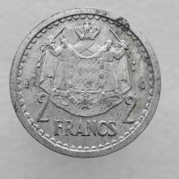 2 франка 1943г. Монако, Луи II. состояние XF. - Мир монет