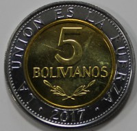 5 боливиано 2017.г. Боливия.  состояние UNC. - Мир монет