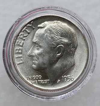 10 центов 1956 г США "Roosevelt Dime".Не была в обращении. Серебро 900 пробы, вес 2,5гр - Мир монет