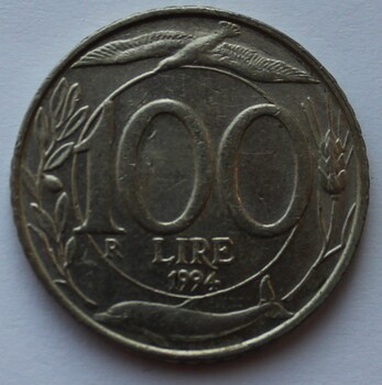 100 лир 1994г. Италия. Флора. Фауна ,Свобода, никель, состояние XF - Мир монет