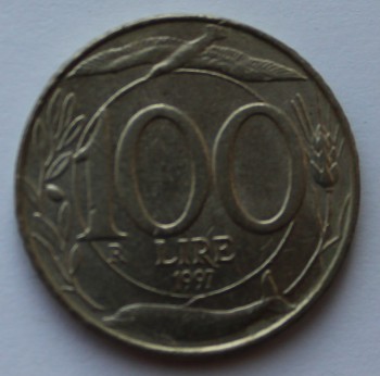 100 лир 1996г. Италия. Флора. Фауна ,Свобода, никель, состояние XF - Мир монет